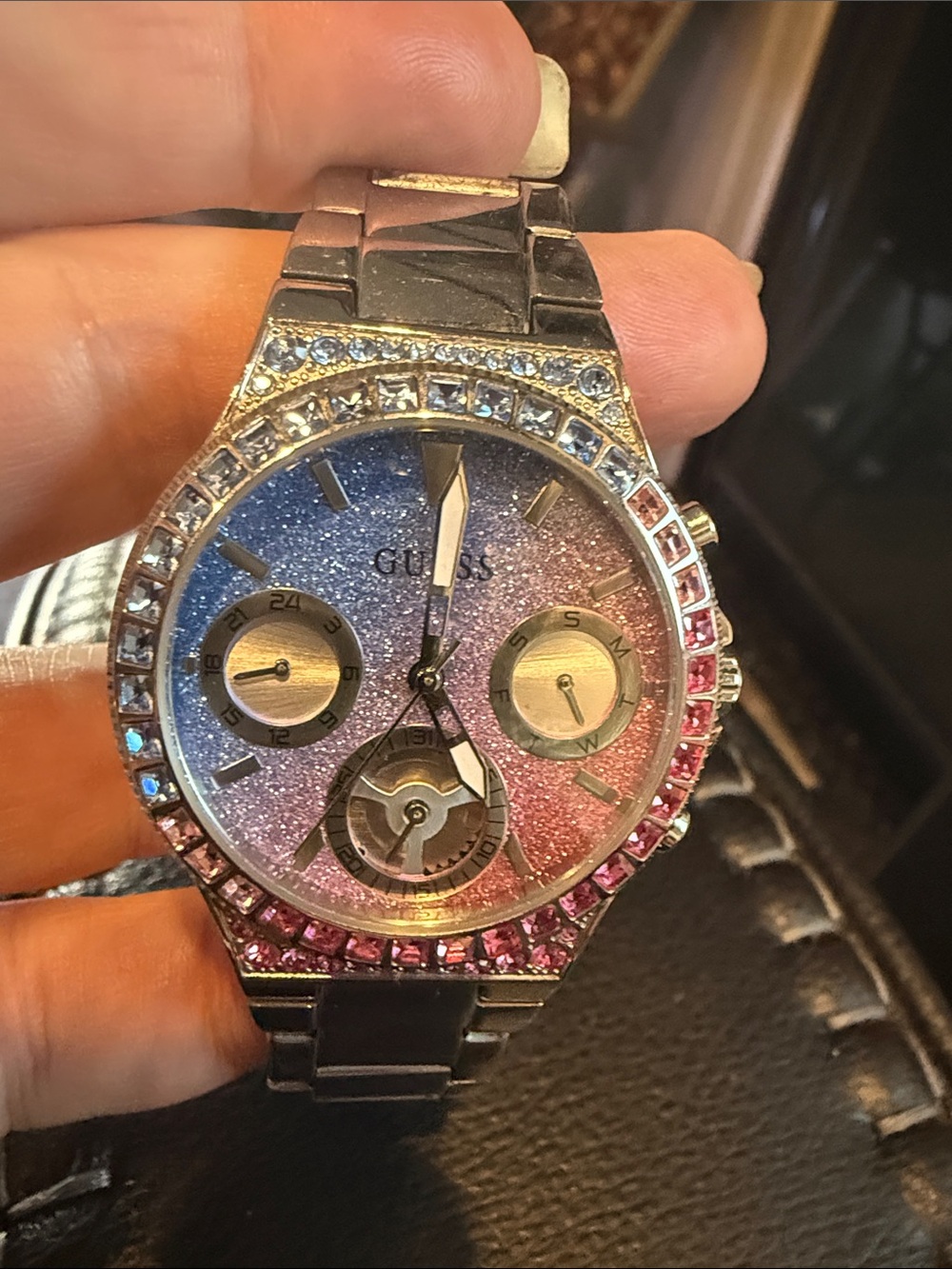 GUESS Women's Blue-to-Pink Gradient Crystal Accent Watch